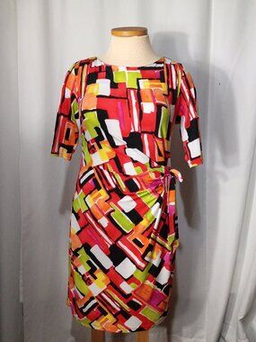 Kiara red and orange geometric pattern dress with waist knot size M